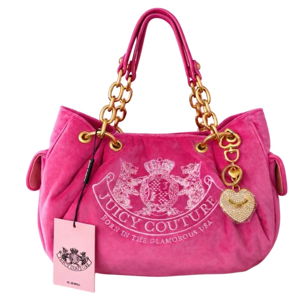 Juicy Couture Pink Yarrow Chain Handle Daydreamer Crest Velour Satchel Bag